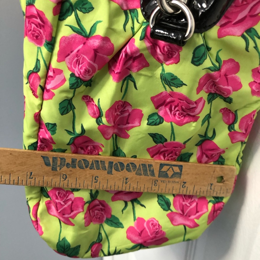 Betsey Johnson Floral Tote Bag Large Black Trim Pink Roses Neon - Picture 11 of 16